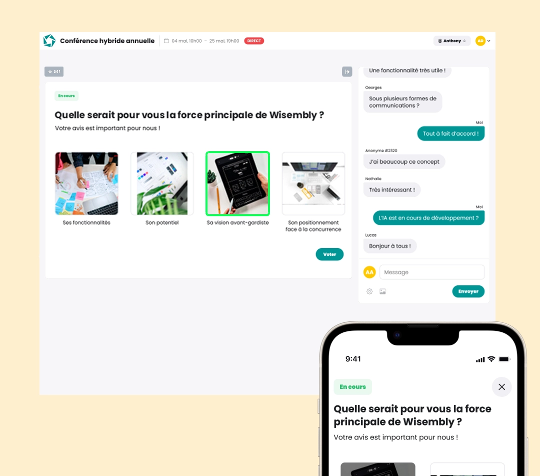 Écrans des fonctionnalités d'interactivité de l'App Wisembly